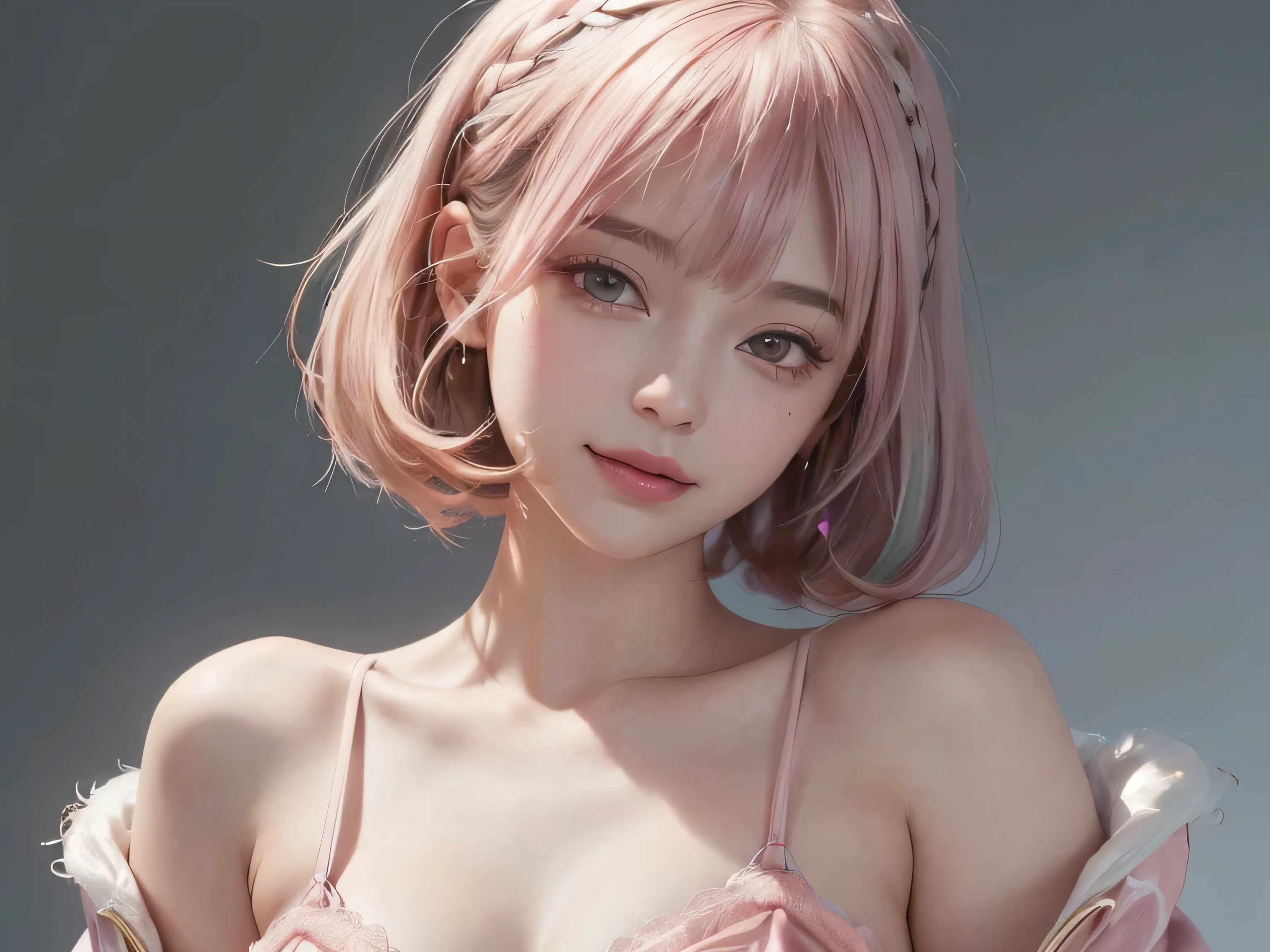 SFW:1.8、
(masterpiece、Highest quality:1.4)、
(8K resolution、Ultra-high resolution:1.2)、
Realistic,
Detailed depiction face、Eye for detailed depiction、Detailed skin、Detailed Hair、Glowing Skin、
Japanese Idols、Very beautiful woman、Detail and beauty that cannot be captured in reality:1.3、
Elegant and perfect figure、Perfect Anatomy、
1 Girl、17 years old、
Lip gloss、Add highlights to the eyes:1.5、
Dynamic Angle、(Beautiful Bangs、Highly Detailed Hair:1.5)、Glowing Skin:1.4、
Look closely at the camera、Natural and comfortable lighting、Highlights below、
Very cute smile、Very happy smile、
(Portraiture、White Background、Face close-up:2)、
Upper Body、
(Fluffy short bob hair、Pastel pink hair:1.5)、
eyelash、
Pale red eyes、
See-through costume、Brightly colored off-the-shoulder dress、