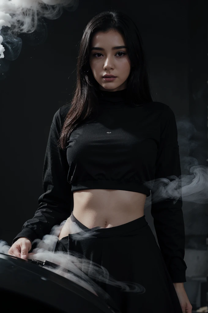 Animation of a beautiful, cute woman wearing black clothes behind her covered in black and white smoke that says Gemoy clearly