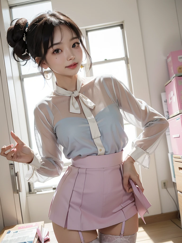 3 Japanese girls, Hair tied up, Bang bang down, (double eyelid), Looking at the audience, At work, (smile), Highest Resolution, masterpiece, (All participants wore pastel-colored long-sleeved sheer blouses.), ((Lift up the entire skirt, Showing panties and stockings)), ((Everyone is wearing earrings)), An elegant tie around the neck
