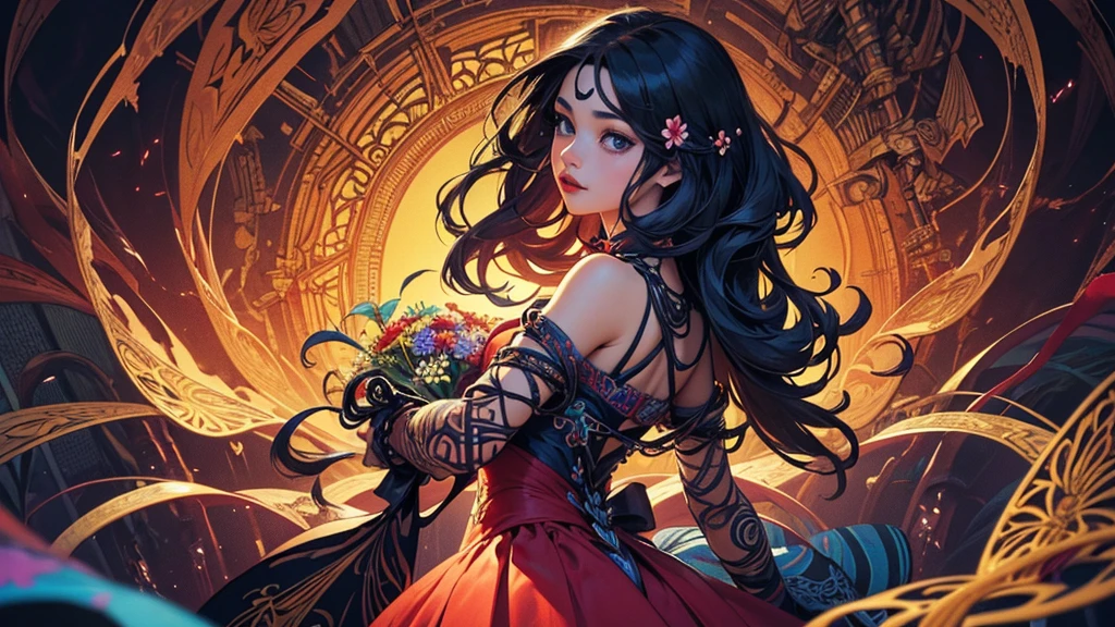 Official Art, unity 8k wallpaper, Super detailed, beautifully、aesthetic, alone, 1 Girl, masterpiece, Highest quality, (zenTangle, Mandala, Tangle, enTangle), (Flower Ecstasy:1.2), Dynamic Angle, Cowboy Shot, The most beautiful form of chaos, elegant, Brutalist design, Vibrant colors, Romanticism, Atmospheric