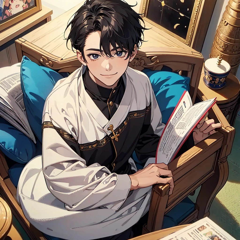 masterpiece , best quality , man , reading , chibi anime boy , smile , black hair