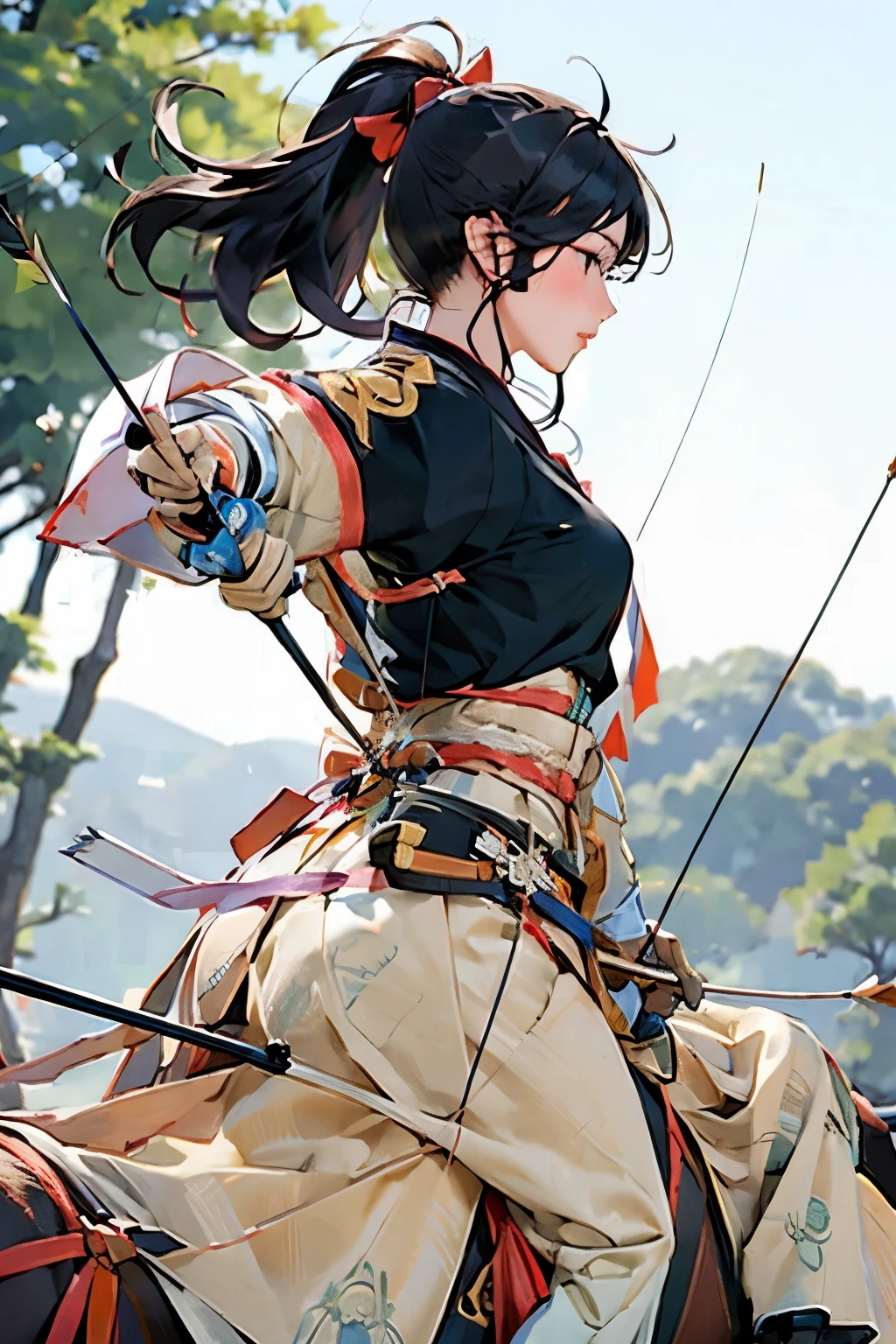 (masterpiece, best quality:1.2), yabusame, beautiful girl, horseback riding, (from right side:1.2), (holding bow in left hand:1.2), long bow, (holding arrow:1.2), (kaburaya:1.2), kyudou-hikiwake, outstretched arm, black igote, deerskin mukabaki, galloping horse, red munagai, sea side,