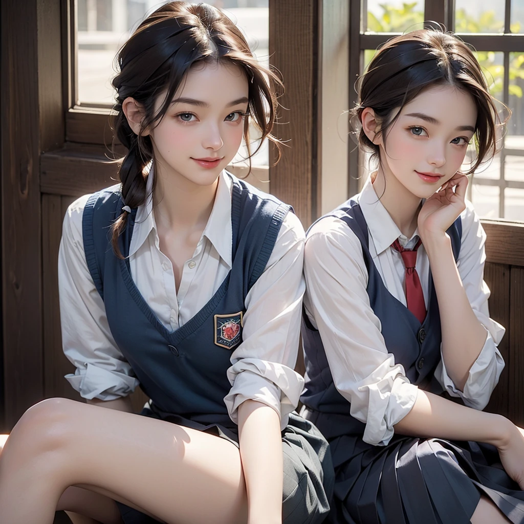 (masterpiece:1.2, Highest quality), (Realistic, photoRealistic:1.4), Beautiful illustrations, (Natural Side Lighting, Cinema Lighting), 
View your viewers, 1 Girl, Japanese, high school girl, 14 years old, Perfect Face, Perfect body, Cute and symmetrical face, Shiny skin, Baby Face, small, 
(short hair:1.5, (Low Ponytail):1.6, Long sideburns, Light brown hair), Asymmetrical bangs, Dark blue eyes, Big eyes, Droopy eyes and breasts, Captivating thighs, Big Ass), 
Beautiful Hair, Beautiful Face, Beautiful attention to detail, Beautiful clavicle, Beautiful body, Beautiful breasts, Beautiful thighs, Beautiful feet, Beautiful fingers, 
((White collared shirt, Navy blue box pleated skirt, Dark red tie, Navy Blue Vest), emerald green hair ribbon), 
(Beautiful views), evening, (Fast food restaurants), Sitting, (Eating ice cream), (Smile, Open your mouth), 