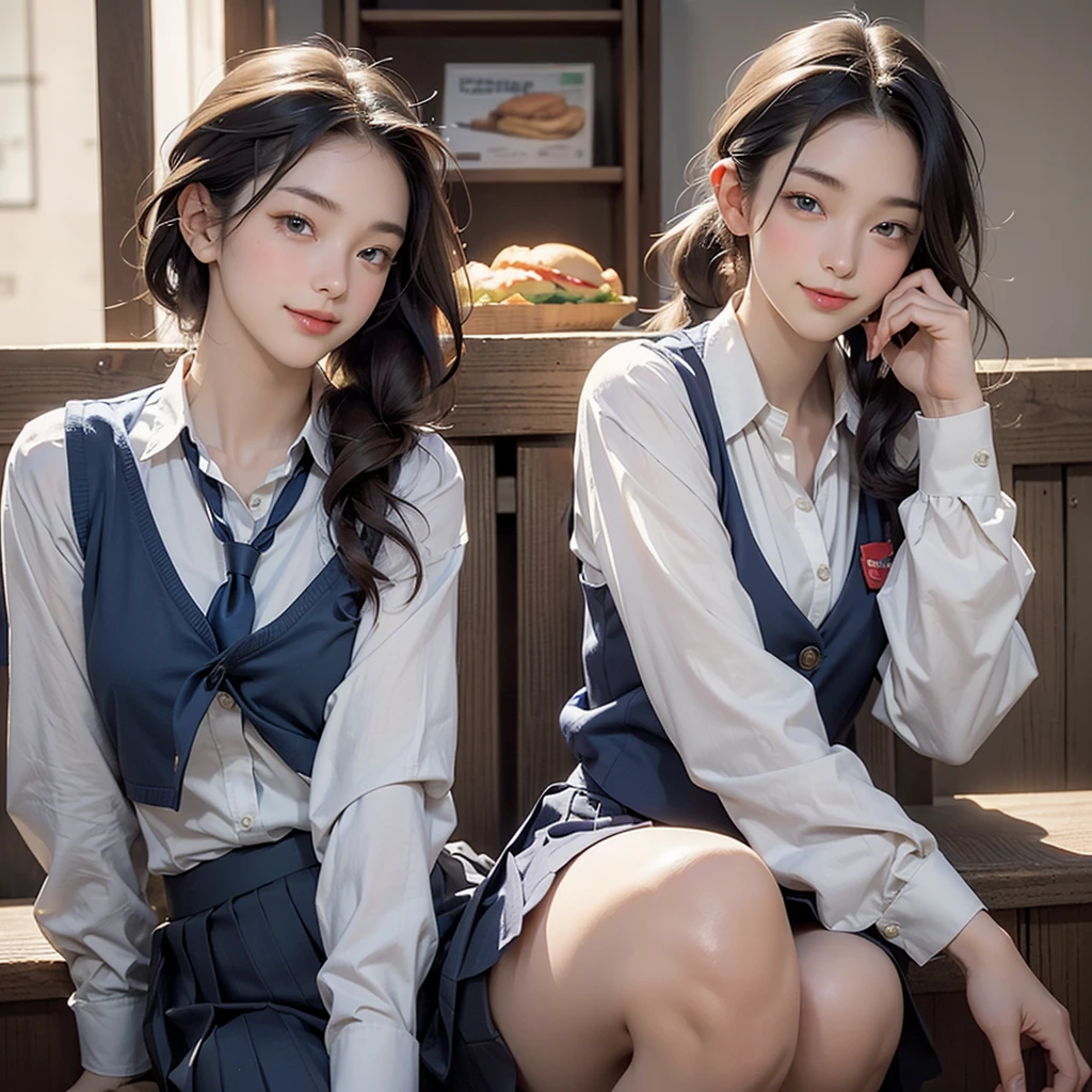 (masterpiece:1.2, Highest quality), (Realistic, photoRealistic:1.4), Beautiful illustrations, (Natural Side Lighting, Cinema Lighting),
View your viewers, 1 Girl, Japanese, high school girl, 14 years old, Perfect Face, Perfect body, Cute and symmetrical face, Shiny skin, Baby Face, small,
(short hair:1.5, (Low Ponytail):1.6, Long sideburns, Light brown hair), Asymmetrical bangs, Dark blue eyes, Big eyes, Droopy eyes and breasts, Captivating thighs, Big Ass),
Beautiful Hair, Beautiful Face, Beautiful attention to detail, Beautiful clavicle, Beautiful body, Beautiful breasts, Beautiful thighs, Beautiful feet, Beautiful fingers,
((White collared shirt, Navy blue box pleated skirt, Dark red tie, Navy Blue Vest), emerald green hair ribbon),
(Beautiful views), evening, (Fast food restaurants), Sitting, (Eating ice cream), (Smile, Open your mouth),