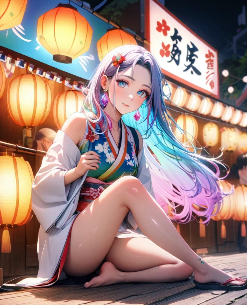 8K,gal,an extremely delicate and beautiful,Beautiful and realistic skin,Shiny jewel-like earrings,Long colorful hair,beautiful eyes,whole body,head to toe,beautiful regs,beautiful japanese Happi,summer festival