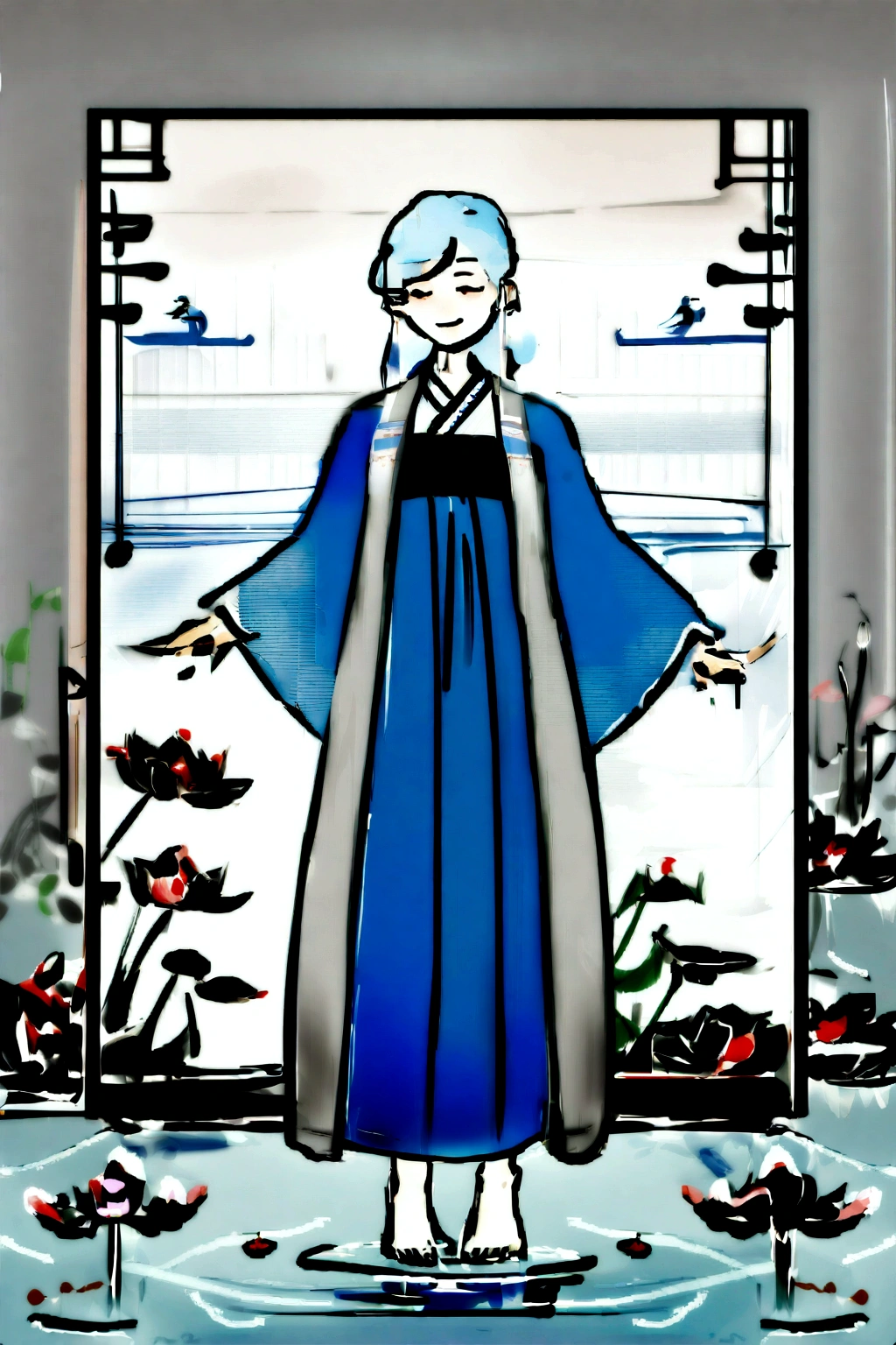 ((4K,work of art,best qualityer)), shuimobysim, chinese traditional ink painting, lotus, Hanfu, maxiskit, dress conservatively 1girl, standing alone, Long blue hair, ssmile, standing, feet in the water, Bare feet,