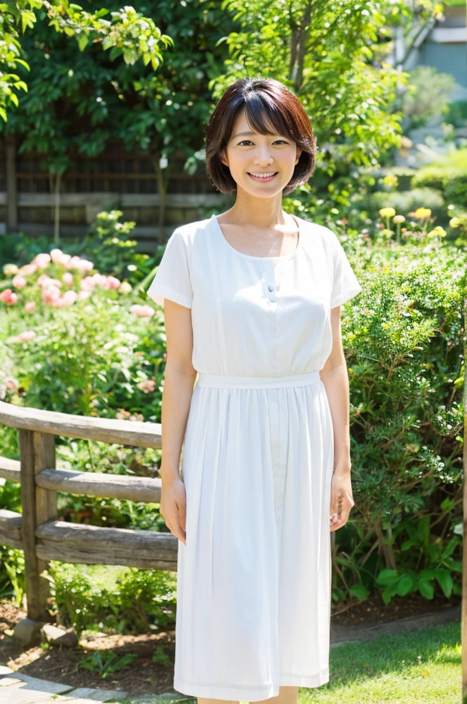 ((Highest quality)), ((masterpiece)), (detailed), Japanese, 40 years old, Beauty, front,Diagonal orientation、smile, Nagoya, Single Mother,Natural Photography,garden、White clothes