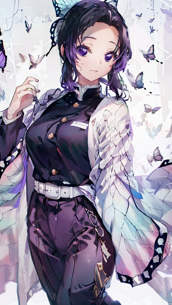A girl with black hair whose roots have turned purple, long bangs２divided into, A very small hair tie with a purple butterfly tied on it, The large eyes gradually changed from white to dark purple towards the bottom., He is wearing a dark purple shirt with gold buttons and dark purple short pants.、wearing a white kimono。. Green and pink gradient at the bottom、Butterfly wing pattern, Pantyhose in the same color and pattern as the kimono.