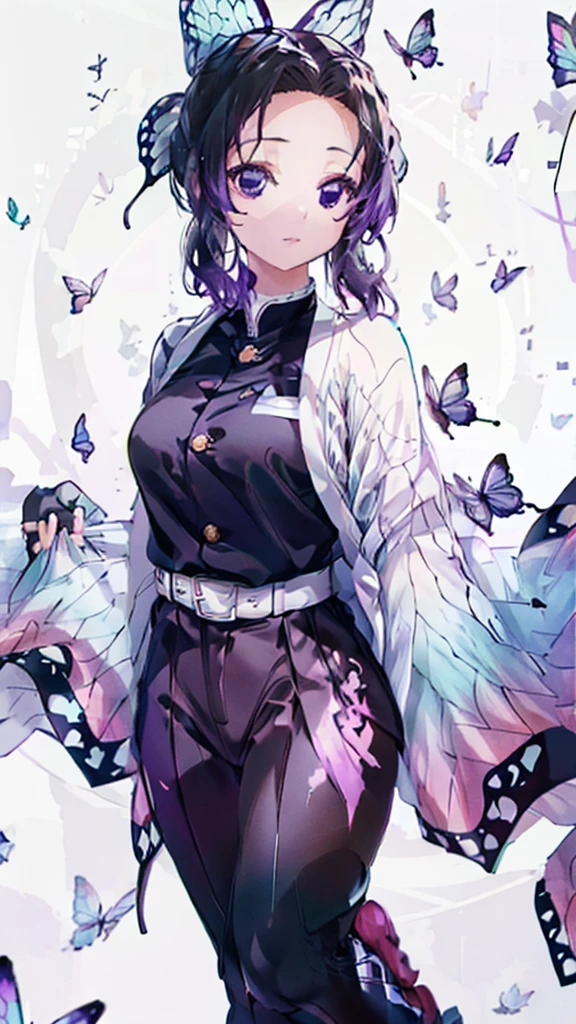 A girl with black hair whose roots have turned purple, long bangs2divided into, A very small hair tie with a purple butterfly tied on it, The large eyes gradually changed from white to dark purple towards the bottom., He is wearing a dark purple shirt with gold buttons and dark purple short pants.、wearing a white kimono。. Green and pink gradient at the bottom、Butterfly wing pattern, Pantyhose in the same color and pattern as the kimono.