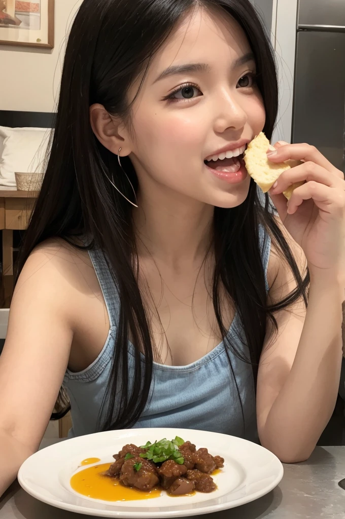 A 20-year-old woman with the cute face of an idol who looks 15 years old.。Gentle and cute。Please smile kindly。She is completely naked、Bust is small　She is eating at a restaurant　Raw photo　real　genuine　real life　No copyright notice