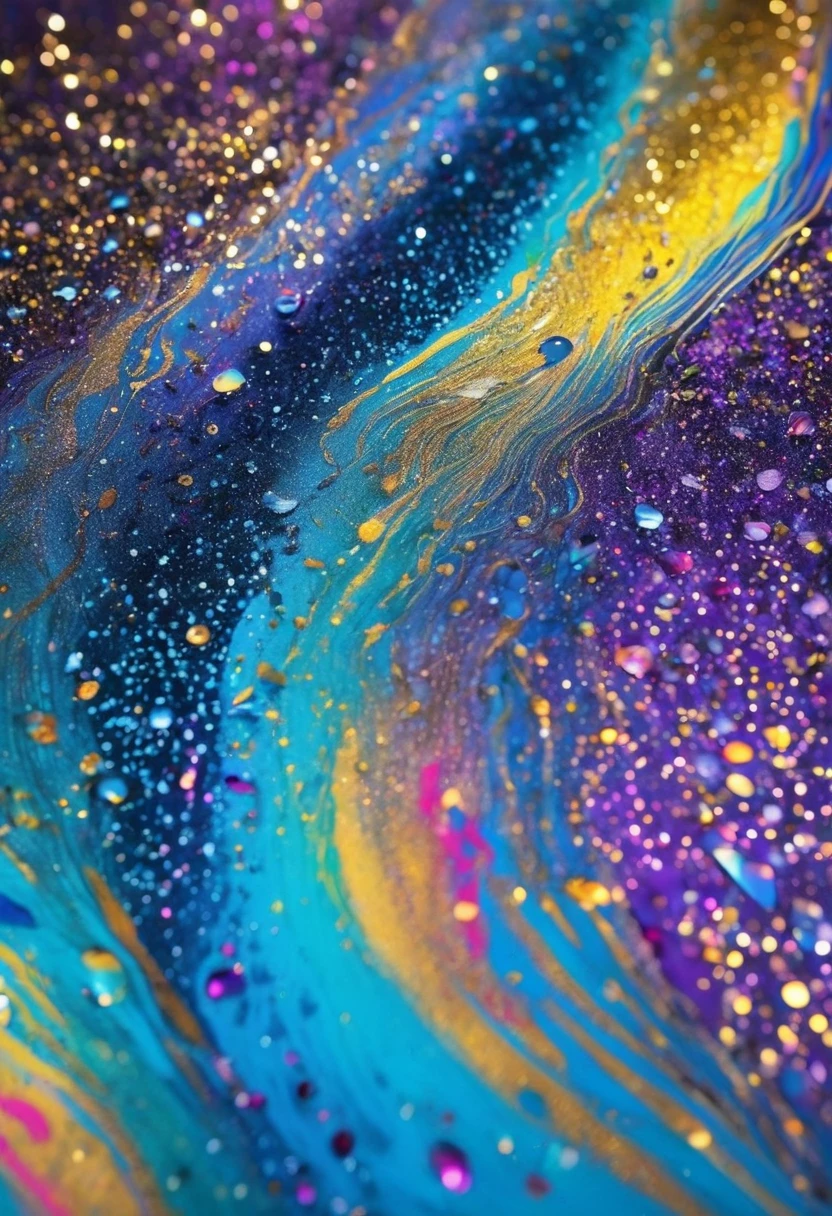 Beautiful and psychedelic, Multicolor liquid glitter paint, Very textured，The splash of water is beautiful 