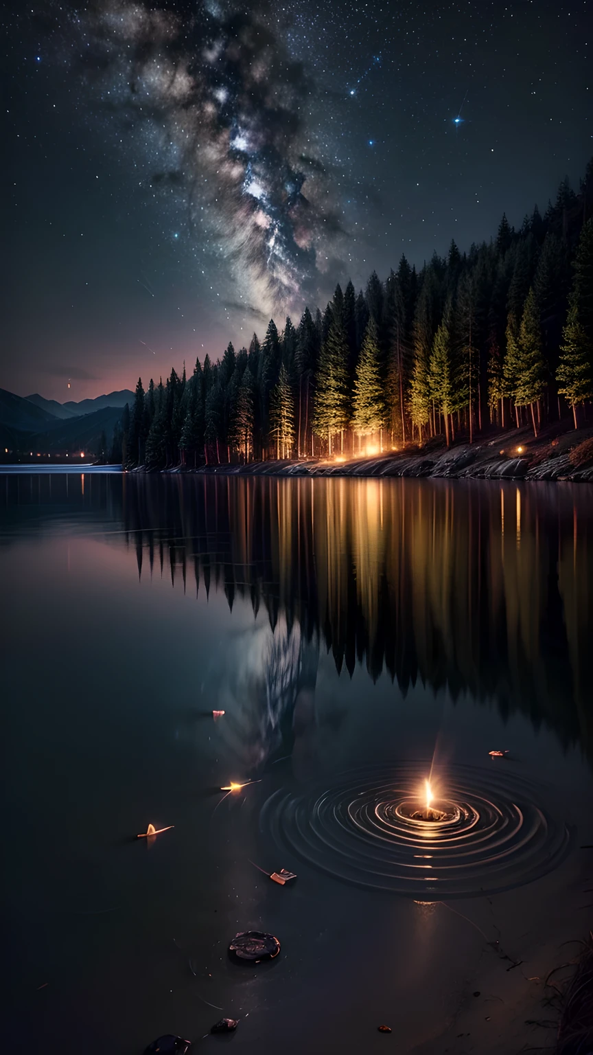 night，Lake，firefly，silence，best quality，8K，Shock，Meteor Showers。