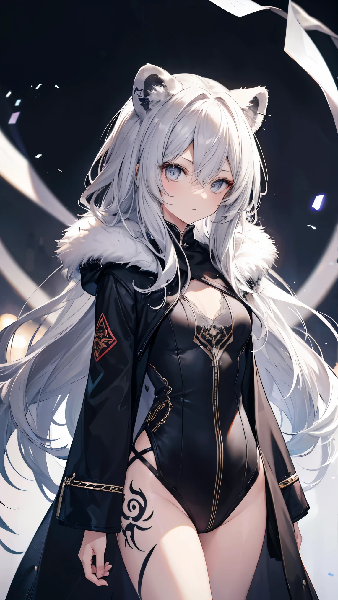 High resolution、Girl、Silver Hair、Long Hair,(),Lion ears、Grey Eyes、Slender、Toned body,fur,coat,,Tattoo,
