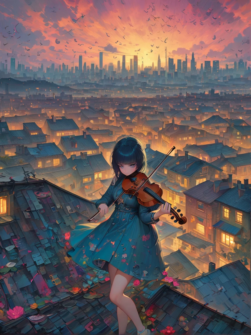 Soulful musician playing the violin on a rooftop at sunset, Musical score, Note, Reflexive, City skyline, Dramatic sunset, Surrealist oil painting by James Jean, Van Gogh, Mark Ryden, Robbie Trevino, Pop Cyberpunk Steampunk Flowerpunk, Atompunk, Cinematic, wallpaper