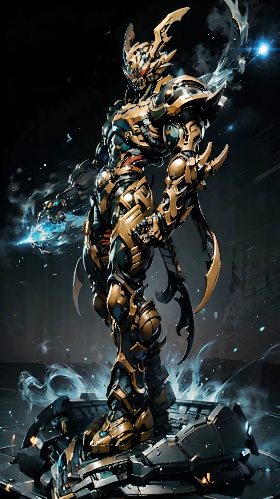 (masterpiece:1.5, best quality:1.5, extremely delicate:1.5, perspective:1.5, foreshortening:1.5, dynamic angle:1.5), a man wearing a full-face helmet, a fantasy-style biotech armored combat suit, green eyes, (a composite layered chest armor), fully enclosed shoulder guards, matching arm and leg guards, the belt is adorned with fangs biting into orbs, (the color scheme is primarily black with red accents), the design balances heavy with agility, a high-tech bio-mecha armor, (Armor Concept Inspired by Bat, stand on the top of a skyscraper in a futuristic sci-fi city), this character embodies a finely crafted fantasy-surreal style armored hero in anime style, exquisite and mature manga art style, (element, plasma, energy, the armor glows), ((male:1.5)), metallic, high definition, highres, ultra-detailed, ultra-fine painting, professional, perfect body proportions, golden ratio, anatomically correct, symmetrical face, extremely detailed eyes and face, high quality eyes, creativity, RAW photo, UHD, 32k, Natural light, cinematic lighting, masterpiece-anatomy-perfect