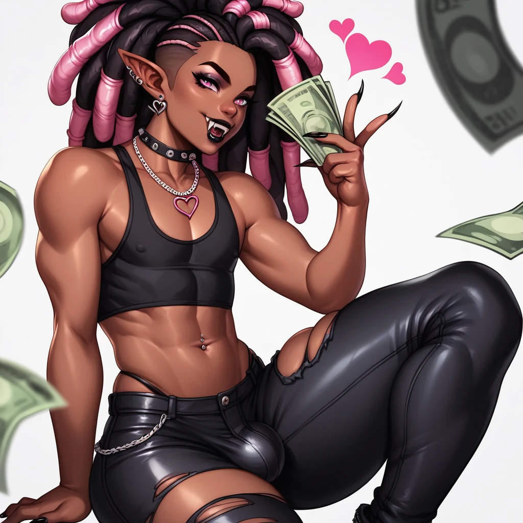 Best quality, highly detailed, ultra detailed, 1 brown skin boy, femboy, flat chest, male chest, slim curvy body, long pink dreadlocks, pink dreadlocks, pink eyes, pointy ears on sides, fangs, sharp nails, black lipgloss, goth, wearing black croptop, heart necklace, black ripped pants, sitting on Beb, surrounded by money, holding money in hand, bedroom background scene