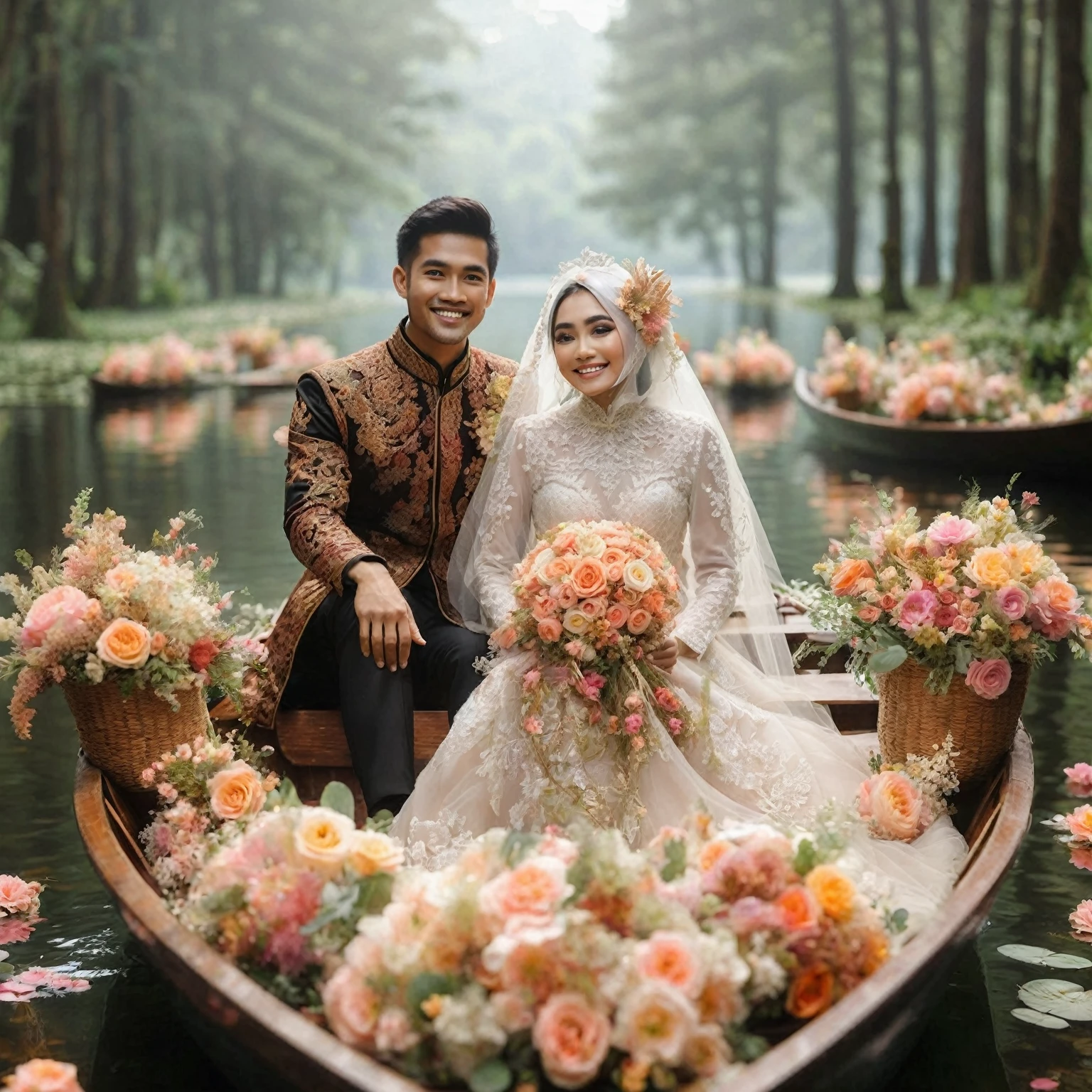Indonesian bride and groom on a row boat with flowers in front, floating flower bouquet, on a boat on the lake, romantic pose, happy and smiling, very magical, covered with flowers, rowing boat, beautiful couple, delicate theme, romantic couple, in a fairytale forest unique, romantic themed, romantic greenery, in a romantic style, on the lake, beautiful atmosphere, ultra high definition