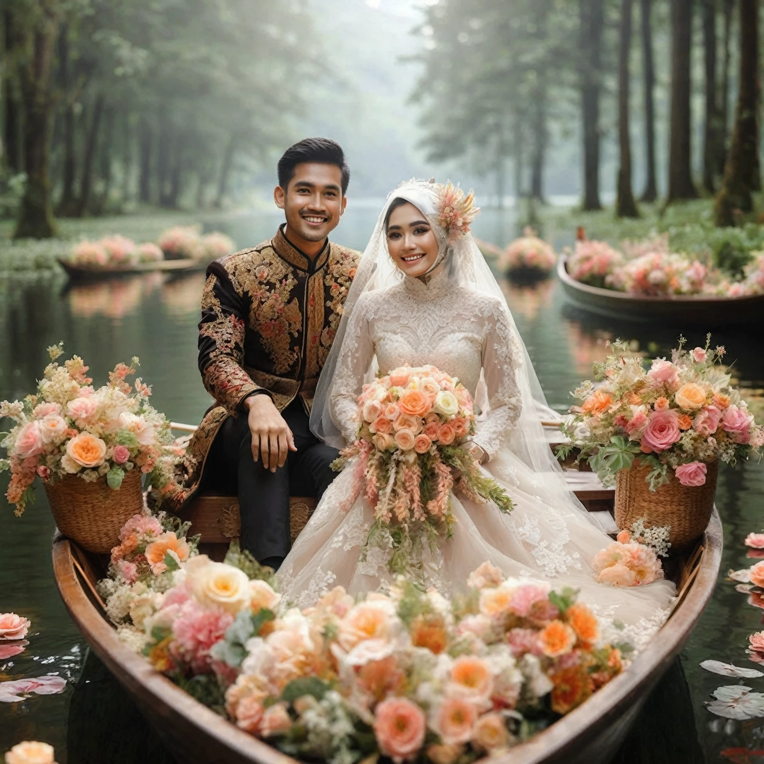 Indonesian bride and groom on a row boat with flowers in front, floating flower bouquet, on a boat on the lake, romantic pose, happy and smiling, very magical, covered with flowers, rowing boat, beautiful couple, delicate theme, romantic couple, in a fairytale forest unique, romantic themed, romantic greenery, in a romantic style, on the lake, beautiful atmosphere, ultra high definition