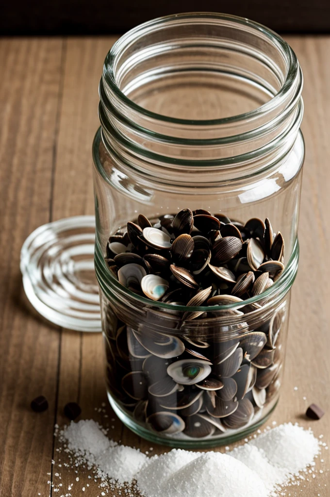 Give me a glass container that contains chocolate clams with salt water inside.