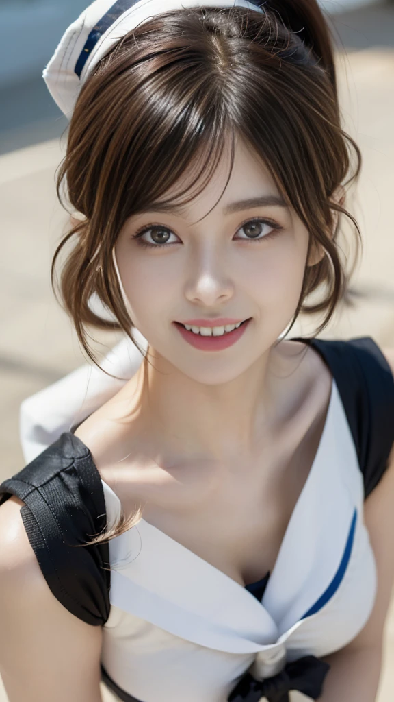 ((Sailor suit、Highest quality、Masterpiece、High resolution))、(((Zoom photo from above)))、(A shy smile:1.2)、One 15-year-old female、Beautiful Skin、Beautiful Eyes、Cleavage、Blonde Hair、ponytail