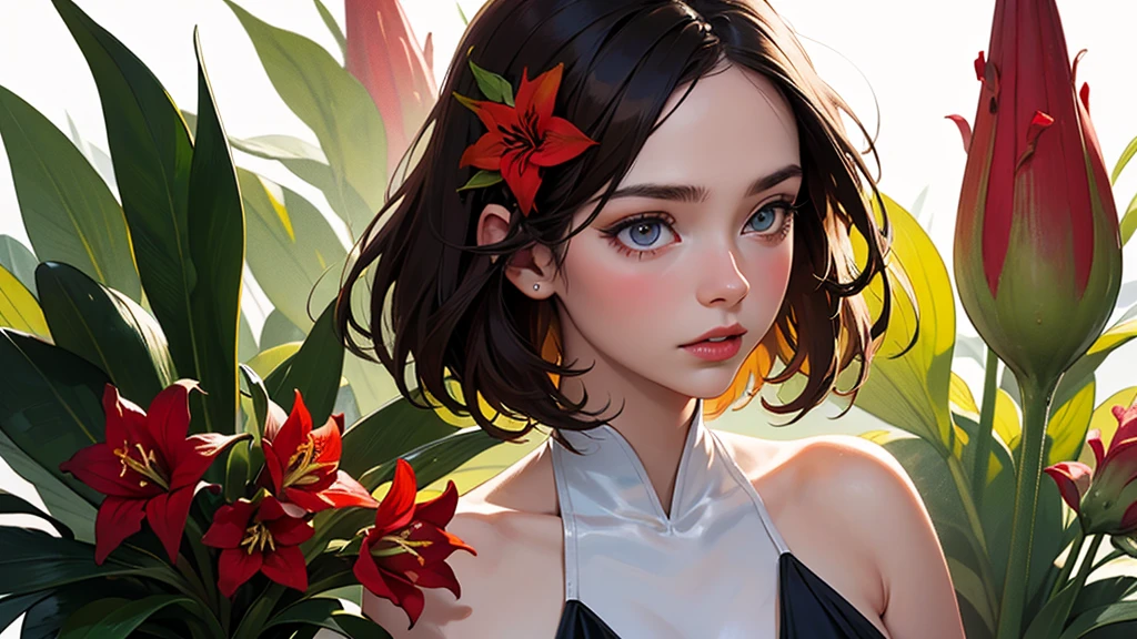 32k, Masterpiece, Highest quality, One girl, Brown Hair, Detailed eyes, flower,Amaryllis, Red and lime green style,A dreamy, romantic piece,Pale yellow, Mysterious Leaves,A playful arrangement,Fantasy,High Contrast,Ink strokes,explosion,Exposure, Impression of red and yellow-green tones,Abstract, Brush strokes,Negative Space, Tyndall effect, White background