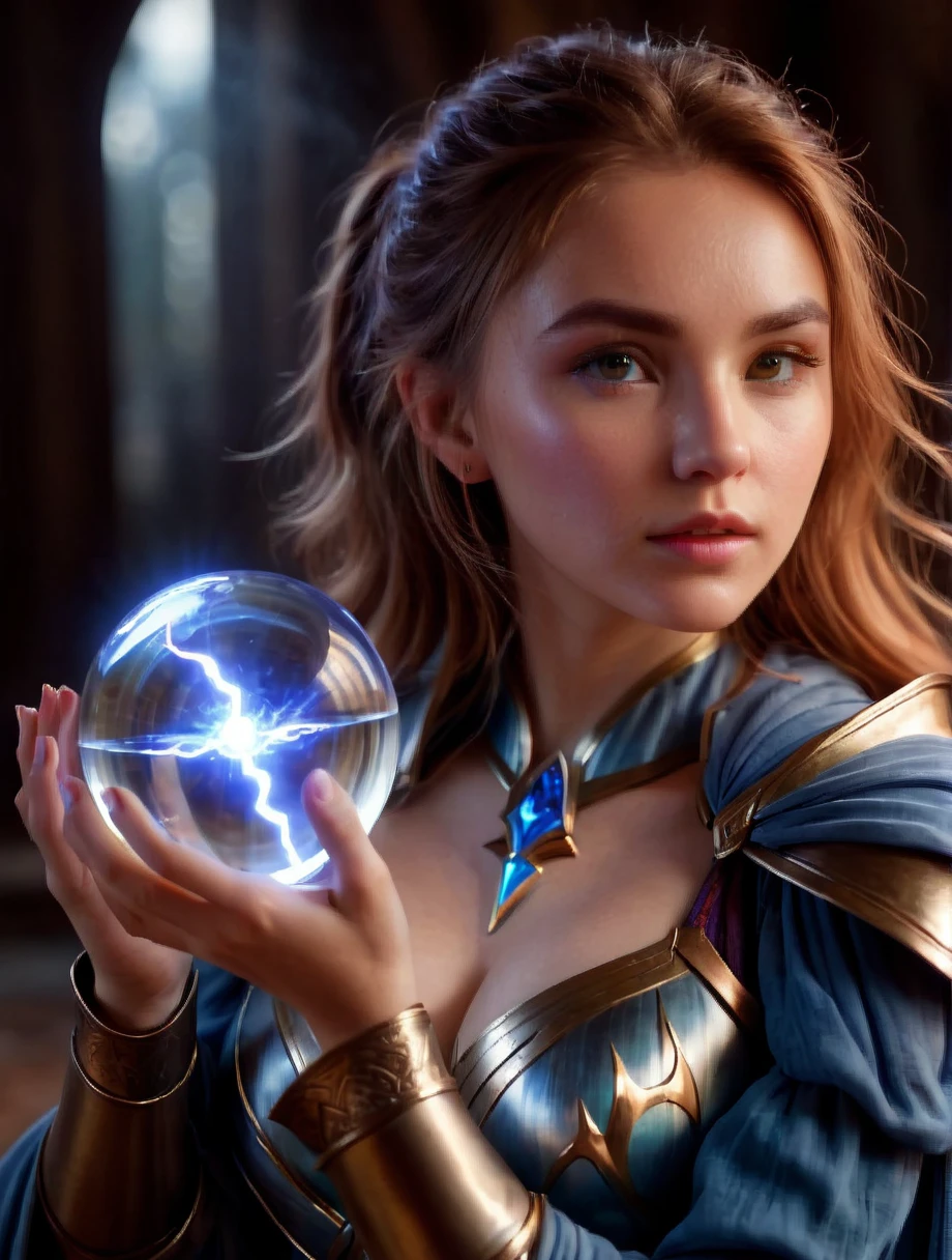 cinematic film still, a mage woman, 20 years old, holding a magic lightning glass orb, glass mage armor,, (Highest Quality, 4k, masterpiece, Amazing Details:1.1), film grain, Fujifilm XT3, photography,