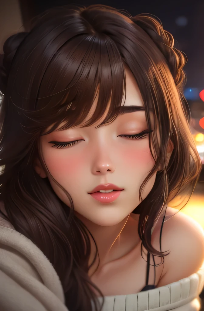 Amazing portrait of a sexy and cute woman who is your best friend's sister who is alone at her  home having a late night gaming session with her brown hair in a short bob style with soft eyes and parted lips with a deep blush wearing an off shoulder oversized grey sweater sitting on a  couch during night time and it's raining outside with warm lighting inside