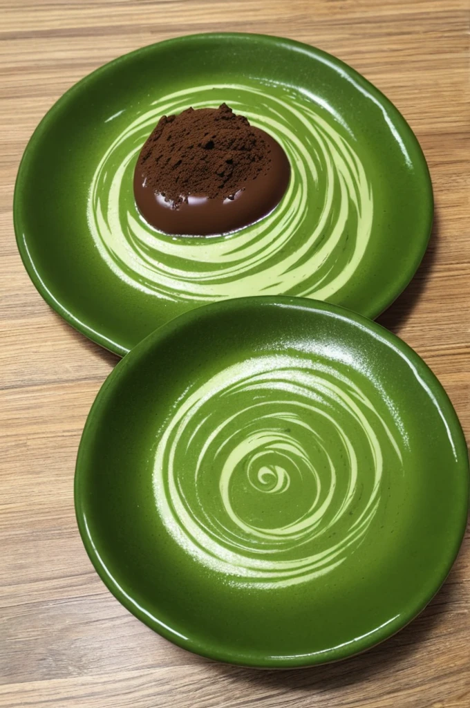 smooth, green, glossy, melted brown chocolate, with Thick creamy texture with matcha leaves, wavy texture background