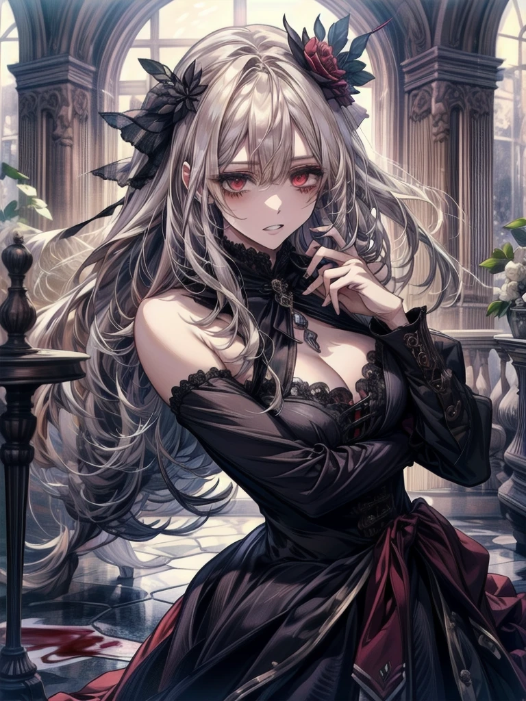 アニメzombie魔女デザイン, Crossbones, skull, Streetwear Design, Provector, Horror Style, Full Design, Only 6 colors, Solid Colors, No Shadow, Full Design, Stickers, Bright colors, White Background. Huge breasts, Very detailed, Octane Rendering, Realistic, Dark fantasy, Chiaroscuro, Dramatic Shadows, Gloomy atmosphere, A calming color palette, Intricate details, Sharp focus, Volumetric lighting、Crazy Smile, 狂ったeye, A cute and luxurious hair band,(masterpiece:1.2, Highest quality), (Actual Photos, Intricate details), Scary atmosphere、Distorted facial expressions、Horror Art、Bloodの雨、Bloodを流す、Bloodしぶき、悪魔のeye、redいeye、scar、、火scar、whole body、Torn hair of a woman dressed in slave clothing、(Long Hair)、(eyeにかかる長さの前髪)、Black Hair、(((eyeの下のクマ)))、青白いskin、Feeling unwell、Pathological、邪悪な笑face、狂ったeye、(Grin)Dramatic makeup,Create mixed media art、,Horror 1 Girl, Open_mouth, , red_eye, Blood, Tilt_red_skin, Injury, Blood_in addition_face, Bandaged_arm, Blood_in addition_zombie, Blood_in addition_hand , Open your eyelids wide, The trend is all, mouthを大きくOpen, mouthを開けてteethをむき出しにする,獣のような鋭いteeth, Wide lips, 非常に広いmouth, Vermilion cheeks, blonde, Princess Cut, Ribbon hair ornament, brooch, Otaku Room, Well-built body, Nice body, Ample breasts, Thick body,eyeを大きく開いて、Scary atmosphere、Distorted facial expressions、ねじれた笑face、Bloodまみれの、頭からの出Blood、Bloodしぶき、whole body、Long Hair、Long bangs、Well-built,Broad shoulders,I focus,(face),Messy Hair,いeye,(光るeye),(Bloodしぶき:1.6),red信号,笑face,big 笑face,teeth,psycho 笑face,gesugao,Dark city background,darkness,night,(close),良いeye, 良いteeth,サディスティックな笑face,,all,光沢のあるskin,詳細なface,Beautiful body, whole bodyから湯気が出ている Steam like a sauna room fills the screen... mouthからの白い息 Luxurious lace long gloves