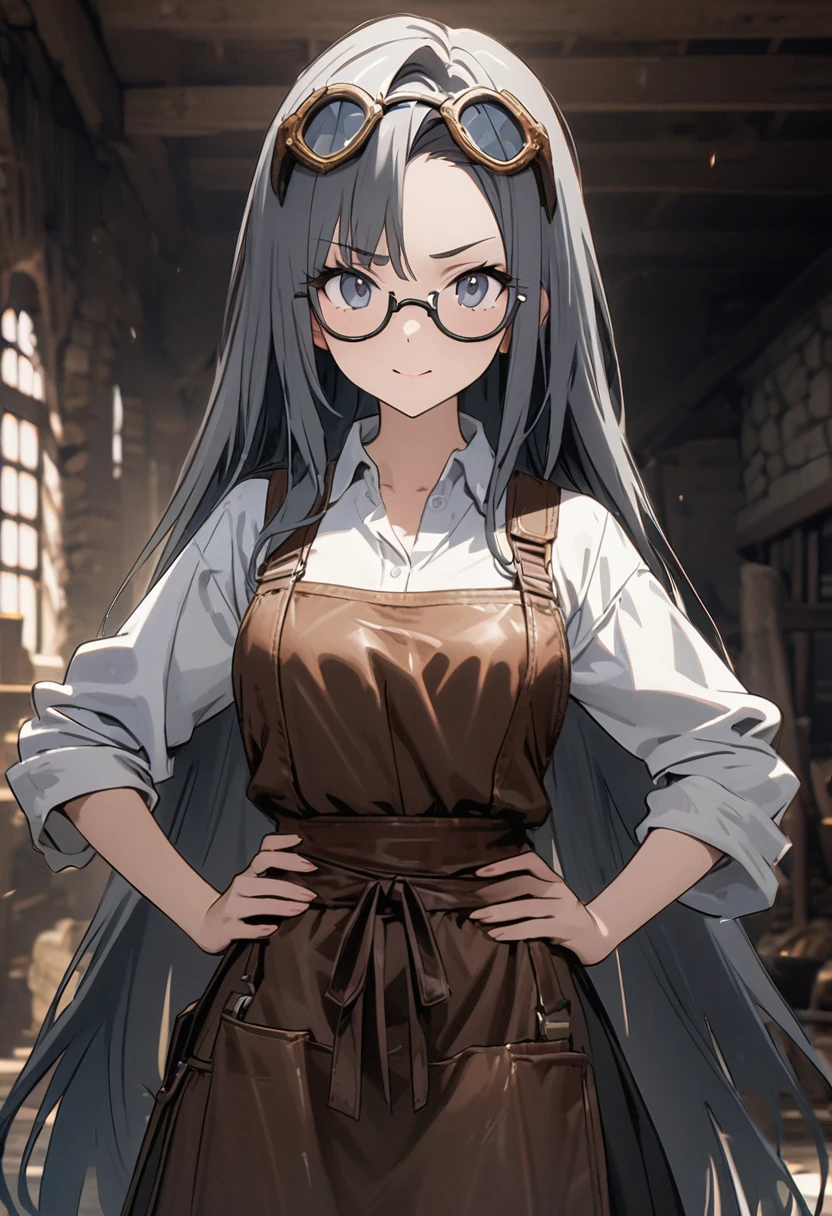 Generate images from: Masterpiece artwork, best qualityer, high-resolution, photo in 8k. A beautiful medieval blacksmith woman with long flowing hair. She is wearing intricately designed glasses on her head, a leather apron and rustic work clothes. She is standing with her hands on her hips, looking directly at the camera with a confident expression. The background is completely gray.