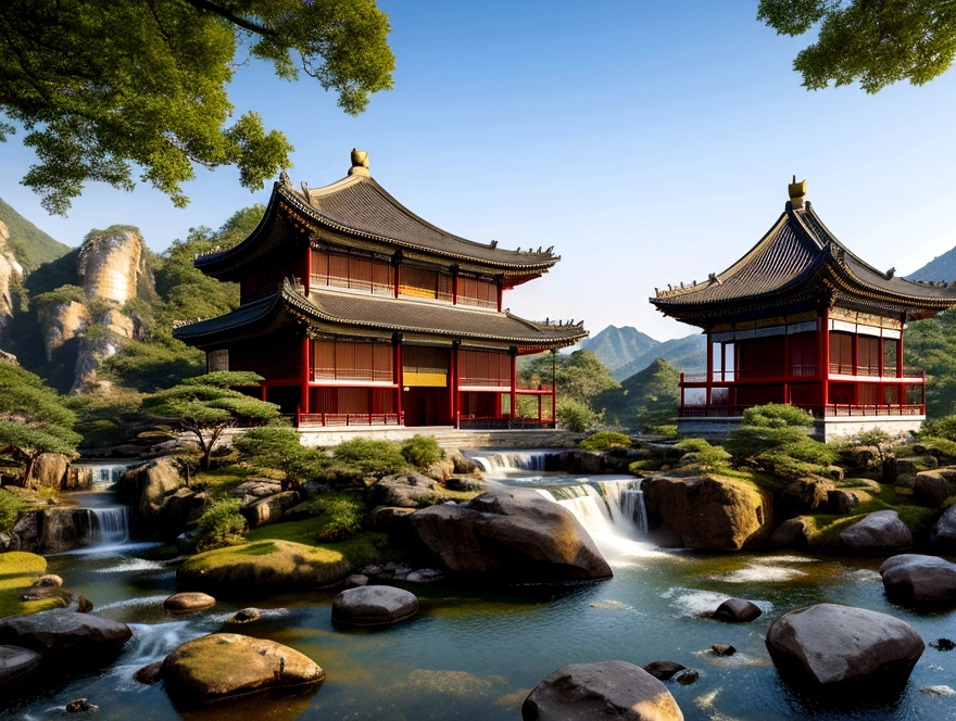 a landscape high rocks and a waterfall in the centre, at the bottom is a traditional Chinese house and its ornaments. clear sky. high quality, very detailed. 8K ultra hd