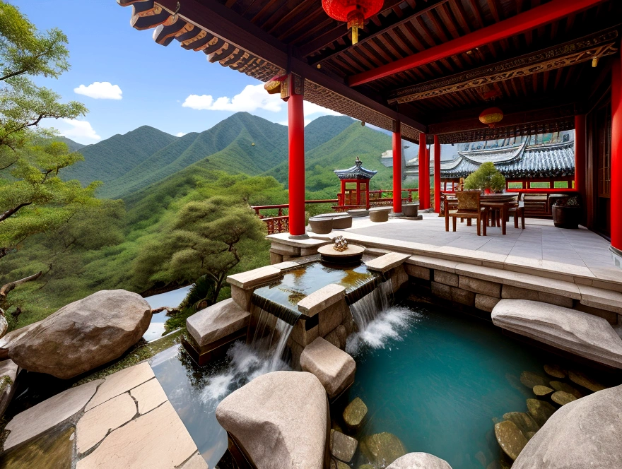 a landscape high rocks and a waterfall in the centre, at the bottom is a traditional Chinese house and its ornaments. clear sky. high quality, very detailed. 8K ultra hd