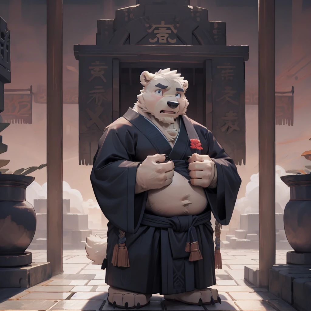 New Jersey 5 Furry, polar bear，Full body portrait of an individual，Middle-aged men,Beautifully，Round Face， Chubby，fat，Round ears，pregnant，beard，High target，Confused expression，Thick Arms，Gray plush fur，temple，Taoist temple，cloud，Foggy，monk，Full set of Xian Xia clothing，Cultivation，Xian Xia，On the Brick Road