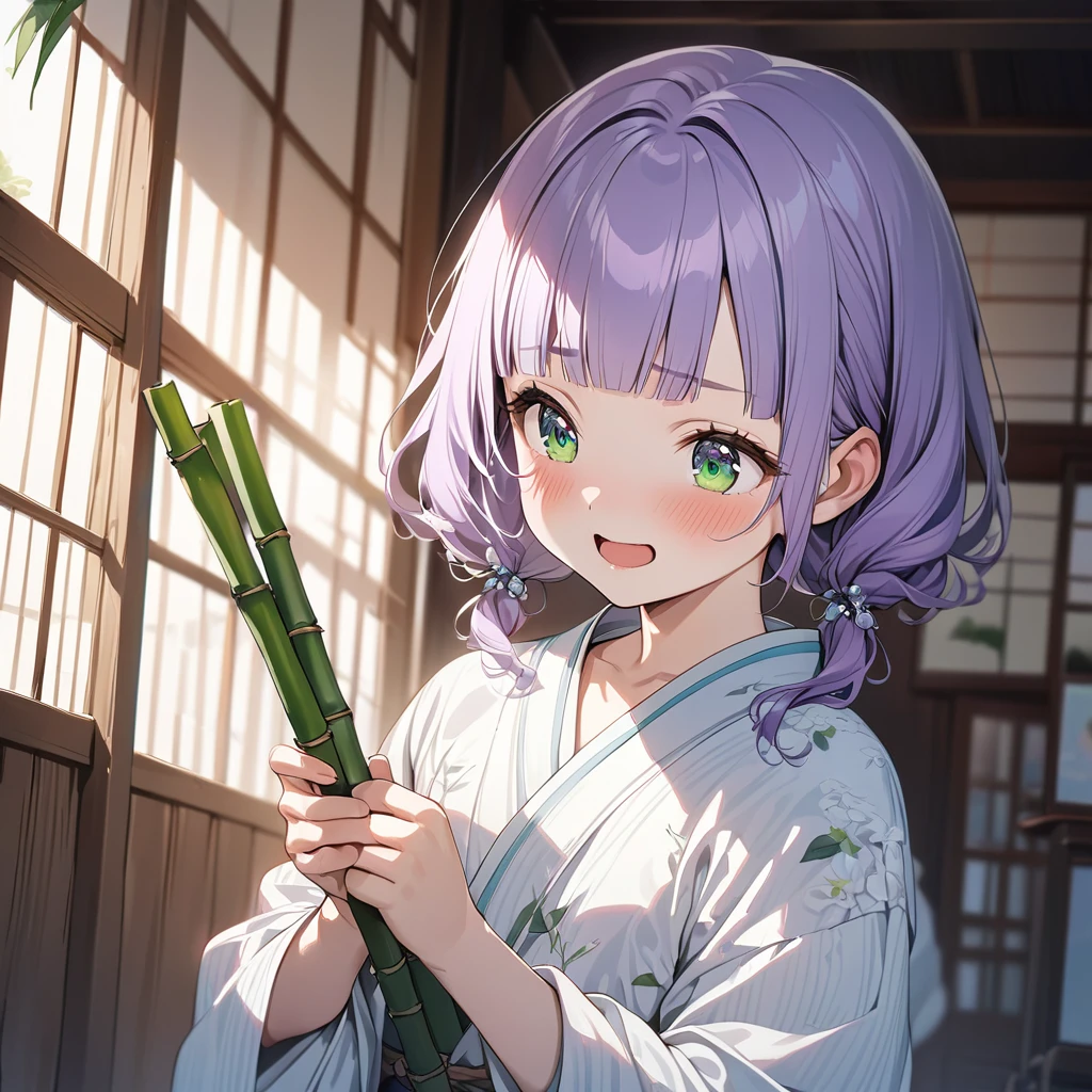 masterpiece, ultra detailed, 8K, a girl, kawaii, light atmosphere, (Cute a tsundere girl:1.5), anime visual, (tilt head:1.3), extremely delicate face, realistic lighting and shading, (an extremely delicate and beautiful art:1.3), a girl,blush,Japanese-style white colored yukata, cowboy shot, pale purple hair, blunt bangs hair, green eyes, indigo-colored Oshima Tsumugi, A girl with her mouth open and laughing, holding a bunch of bamboo leaves in her hands,