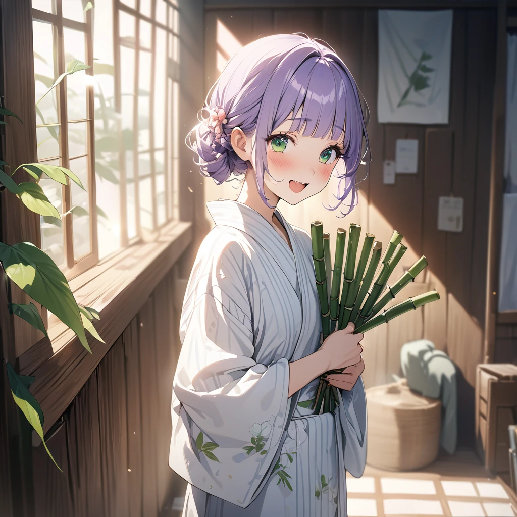 masterpiece, ultra detailed, 8K, a girl, kawaii, light atmosphere, (Cute a tsundere girl:1.5), anime visual, (tilt head:1.3), extremely delicate face, realistic lighting and shading, (an extremely delicate and beautiful art:1.3), a girl,blush,Japanese-style white colored yukata, cowboy shot, pale purple hair, blunt bangs hair, green eyes, indigo-colored Oshima Tsumugi, A girl with her mouth open and laughing, holding a bunch of bamboo leaves in her hands,