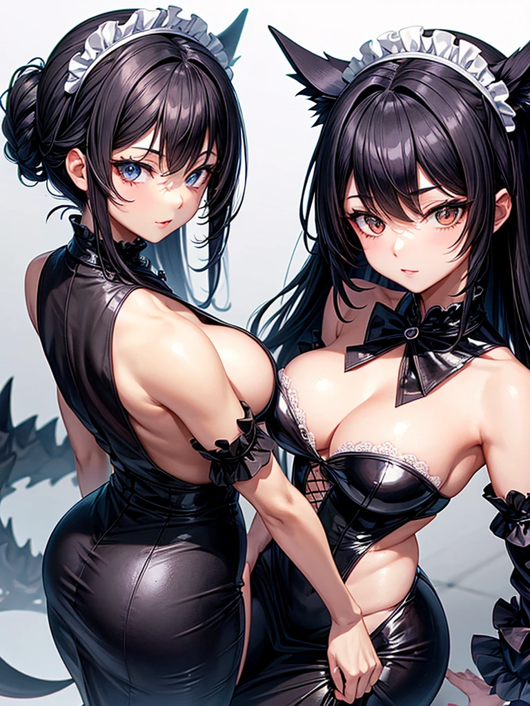 A black dragon woman maid, wears a maid&#39;s outfit with a red ruffled skirt showing her panties, has super big breasts, has long, messy black hair, It has red eyes, has a black dragon&#39;s horn, black dragon&#39;s wings and a black dragon&#39;s tail, wear black boots.