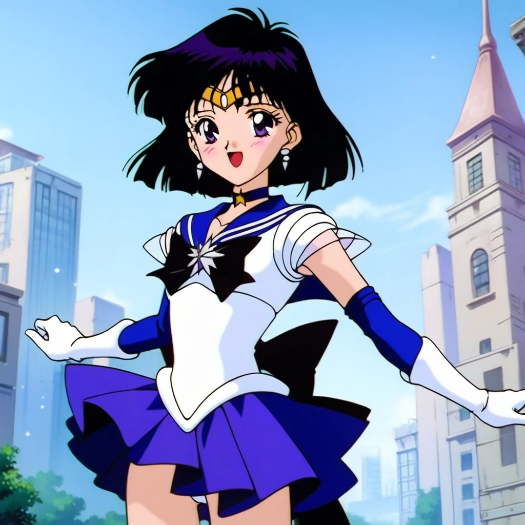 masterpiece, best quality, very aesthetic, absurdres, Sailor Saturn XL, 1990s \(style\), anime artwork, anime style, perfect face, perfect composition, moist skin, intricate details, beautiful detailed eyes, BREAK 1girl, solo, , short hair, black hair, purple eyes, flat chest, skinny, sailor senshi uniform, purple sailor collar, tiara, earrings, jewelry, star choker, bowtie, back bow, star brooch, white elbow gloves, purple miniskirt, shiny clothes, BREAK looking away, smile, blush, open mouth, cameltoe, pose, white leotard, (pantyshot:1.2), wind lift, outdoors, city, blue sky, wind, dutch angle,