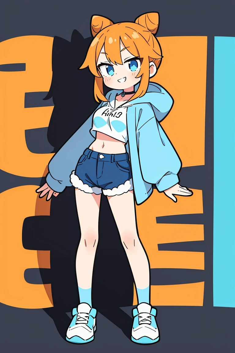 1girl, solo, orange hair, twin buns, blue eyes, eyeliner, light grin, medium breasts, white hoodie with light blue hood, black choker, denim shorts, light blue sneakers, frow below