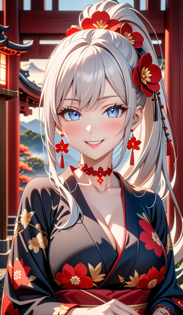 ultra-detailed, ((one girl)), hyper detailed, absurdres, 8K,Cute face, (Laugh shyly), ((teasing smile:1.8)), ((Wink:1.8)), (Laugh with your mouth wide open:1.3),(Tilt your head:1.3), (crossed arms:1.3), View your viewers, ((Bright red cheeks:1.6)),Glossy Red Lips, ((Big Breasts:1.5)) night, Shrines in the countryside, (Brighten your face), ((Anime style background)),masterpiece, Highest quality, so beautiful,Latest, Complex details, (Pink long nails), (nail art), (ring),(bracelet), (Floral Choker),AI-generated, Complex,High resolution, Highest quality, super high quality,3D Images、3D Images,One person,Long white hair,(High Ponytail), Anime woman posing for a photo, ((Fine grain, pale blue eyes, glowing eyes:1.4)), (Squint your eyes:1.1),a hyperRealistic , hyperRealistic , Realistic,Anime woman with long white hair, Smooth anime CG art, With gold embroidery、A girl in a gorgeous kimono, ((Black long sleeve kimono:1.5)),(Red large floral pattern) ,Long flower hair ornament,Floral Earrings,Mature Body,tall,Abdominal muscles,Narrow waist,((portrait:1.9)),(front view),