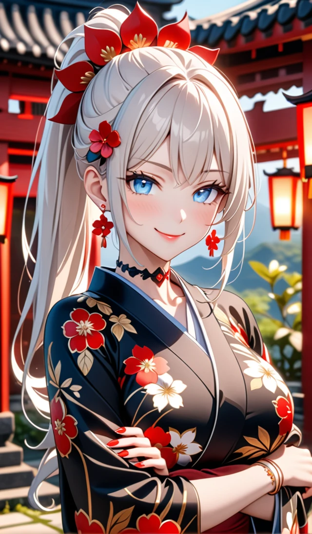 ultra-detailed, ((one girl)), hyper detailed, absurdres, 8K,Cute face, (Laugh shyly), ((teasing smile:1.8)), ((Wink:1.8)), (Laugh with your mouth wide open:1.3),(Tilt your head:1.3), (crossed arms:1.3), View your viewers, ((Bright red cheeks:1.6)),Glossy Red Lips, ((Big Breasts:1.5)) night, Shrines in the countryside, (Brighten your face), ((Anime style background)),masterpiece, Highest quality, so beautiful,Latest, Complex details, (Pink long nails), (nail art), (ring),(bracelet), (Floral Choker),AI-generated, Complex,High resolution, Highest quality, super high quality,3D Images、3D Images,One person,Long white hair,(High Ponytail), Anime woman posing for a photo, ((Fine grain, pale blue eyes, glowing eyes:1.4)), (Squint your eyes:1.1),a hyperRealistic , hyperRealistic , Realistic,Anime woman with long white hair, Smooth anime CG art, With gold embroidery、A girl in a gorgeous kimono, ((Black long sleeve kimono:1.5)),(Red large floral pattern) ,Long flower hair ornament,Floral Earrings,Mature Body,tall,Abdominal muscles,Narrow waist,((portrait:1.9)),(front view),