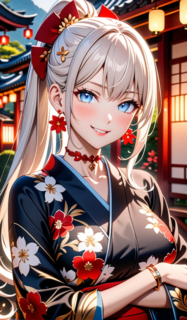 ultra-detailed, ((one girl)), hyper detailed, absurdres, 8K,Cute face, (Laugh shyly), ((teasing smile:1.8)), ((Wink:1.8)), (Laugh with your mouth wide open:1.3),(Tilt your head:1.3), (crossed arms:1.3), View your viewers, ((Bright red cheeks:1.6)),Glossy Red Lips, ((Big Breasts:1.5)) night, Shrines in the countryside, (Brighten your face), ((Anime style background)),masterpiece, Highest quality, so beautiful,Latest, Complex details, (Pink long nails), (nail art), (ring),(bracelet), (Floral Choker),AI-generated, Complex,High resolution, Highest quality, super high quality,3D Images、3D Images,One person,Long white hair,(High Ponytail), Anime woman posing for a photo, ((Fine grain, pale blue eyes, glowing eyes:1.4)), (Squint your eyes:1.1),a hyperRealistic , hyperRealistic , Realistic,Anime woman with long white hair, Smooth anime CG art, With gold embroidery、A girl in a gorgeous kimono, ((Black long sleeve kimono:1.5)),(Red large floral pattern) ,Long flower hair ornament,Floral Earrings,Mature Body,tall,Abdominal muscles,Narrow waist,((portrait:1.9)),(front view),