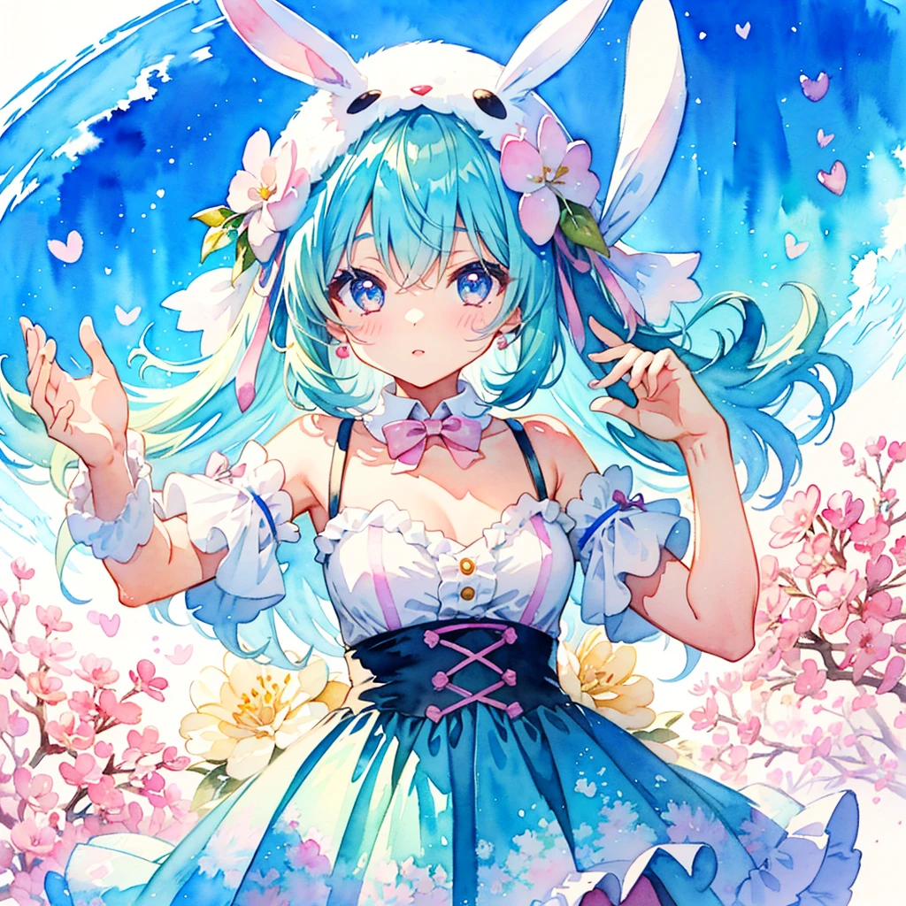 1 kawaii girl, (watercolor style illustration:1.2), cute, lovely, beautiful, dynamic angle, (kawaii pastel colour:1.4), kawaii rabbit costume, cute costume, cute pose, big eyes,