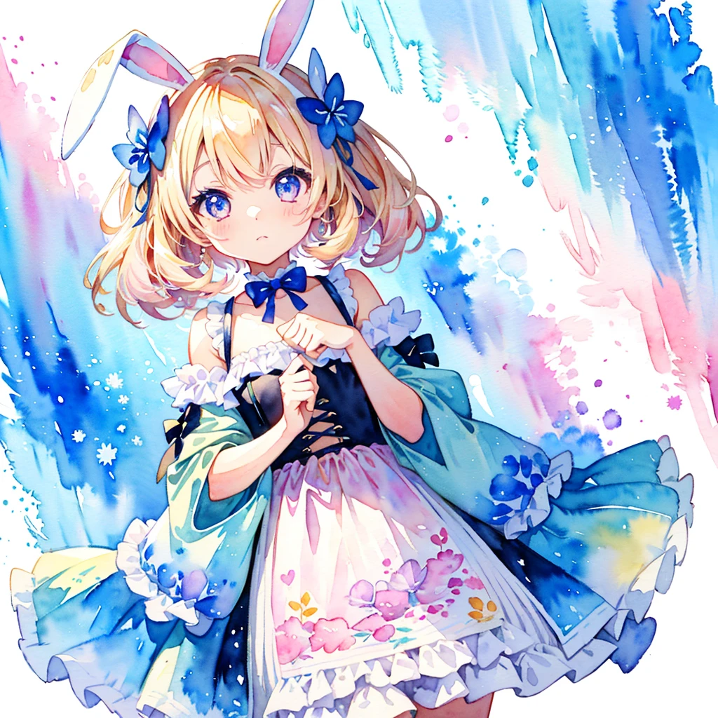 1 kawaii girl, (watercolor style illustration:1.2), cute, lovely, beautiful, dynamic angle, (kawaii pastel colour:1.4), kawaii rabbit costume, cute costume, cute pose, big eyes,