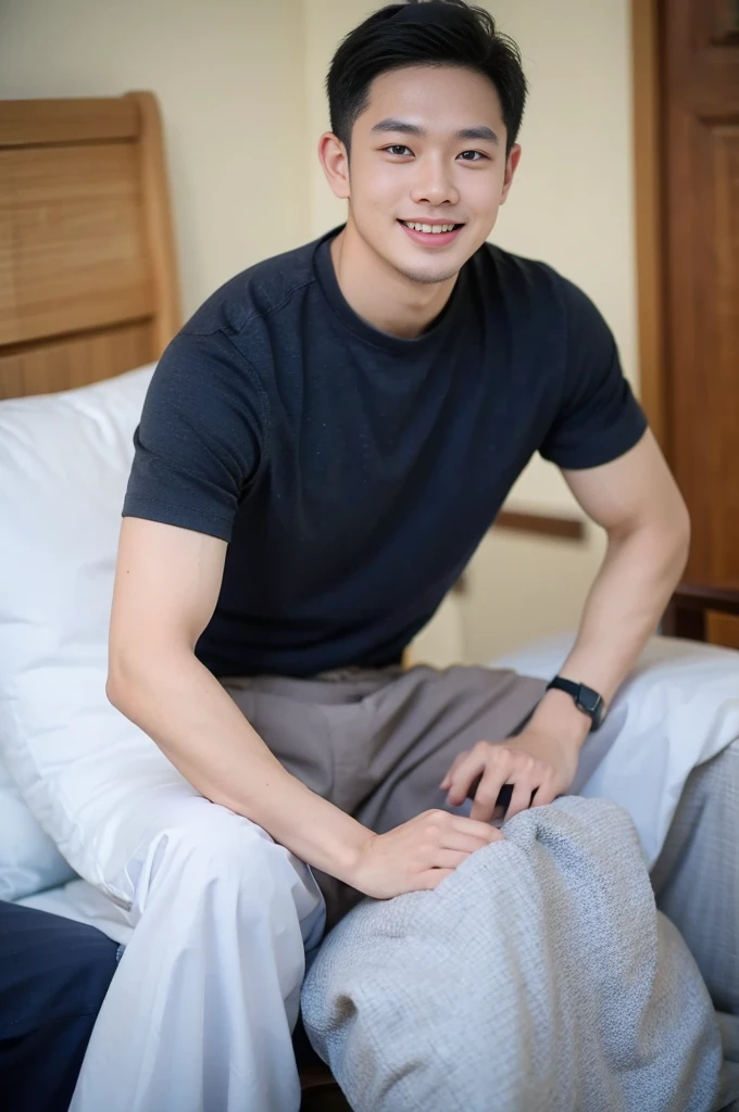 ((Highest quality, 8K, Masterpiece: 1.3))、Thailand Laos Burma Asia, Thai man, A handsome Asian rugby player with short hair, a muscular beard, and big muscles., 1A man who has、 yo、Good appearance、Beautiful nose、smile、 Detailed eyes and face、beautiful light、(studio)、high resolution、(Look at the viewer.)、Fine mouth、smile、whole body: 1.5, perfect shape: 1.3, Picture of both shoulders:1.3, Navy blue round neck t-shirt:1.5