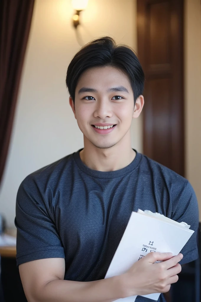 ((Highest quality, 8K, Masterpiece: 1.3))、Thailand Laos Burma Asia, Thai man, A handsome Asian rugby player with short hair, a muscular beard, and big muscles., 1A man who has、 yo、Good appearance、Beautiful nose、smile、 Detailed eyes and face、beautiful light、(studio)、high resolution、(Look at the viewer.)、Fine mouth、smile、whole body: 1.5, perfect shape: 1.3, Picture of both shoulders:1.3, Navy blue round neck t-shirt:1.5