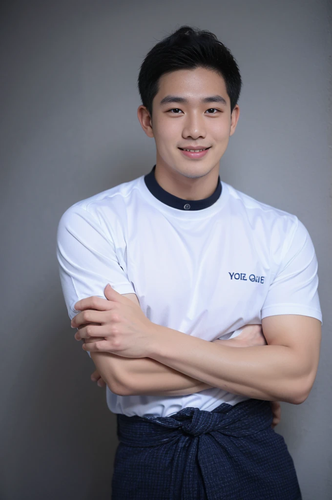 ((Highest quality, 8K, Masterpiece: 1.3))、Thailand Laos Burma Asia, Thai man, A handsome Asian rugby player with short hair, a muscular beard, and big muscles., 1A man who has、 yo、Good appearance、Beautiful nose、smile、 Detailed eyes and face、beautiful light、(studio)、high resolution、(Look at the viewer.)、Fine mouth、smile、whole body: 1.5, perfect shape: 1.3, Picture of both shoulders:1.3, Navy blue round neck t-shirt:1.5