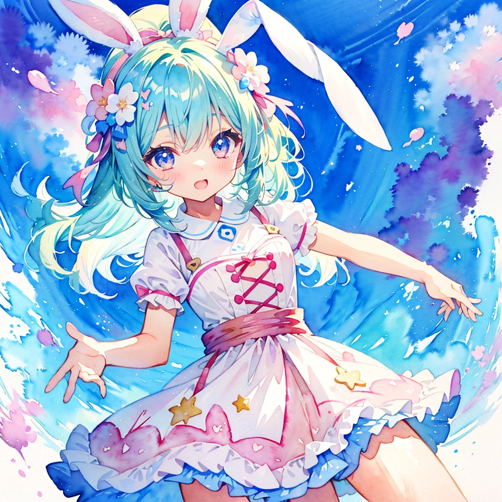 1 kawaii girl, (watercolor style illustration:1.2), cute, lovely, beautiful, dynamic angle, (kawaii pastel colour:1.4), kawaii rabbit costume, cute costume, cute pose, big eyes,
