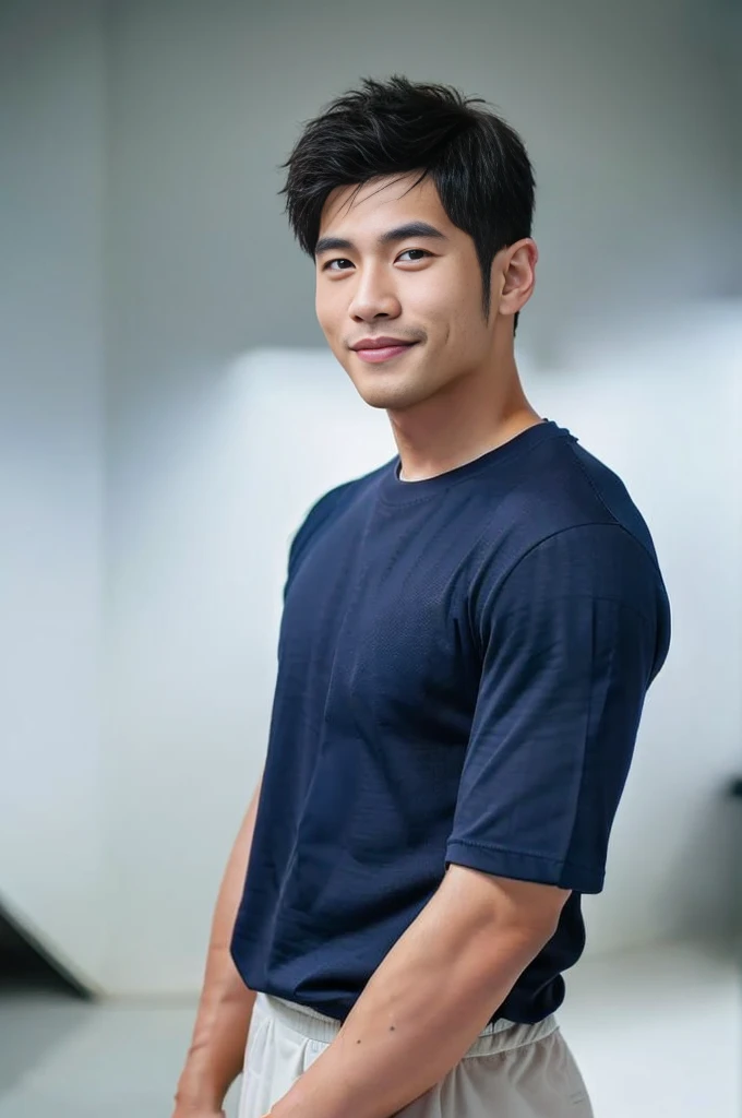 ((Highest quality, 8K, Masterpiece: 1.3))、Thailand Laos Burma Asia, Thai man, A handsome Asian rugby player with short hair, a muscular beard, and big muscles., 1A man who has、 yo、Good appearance、Beautiful nose、smile、 Detailed eyes and face、beautiful light、(studio)、high resolution、(Look at the viewer.)、Fine mouth、smile、whole body: 1.5, perfect shape: 1.3, Picture of both shoulders:1.3, Navy blue round neck t-shirt:1.5
