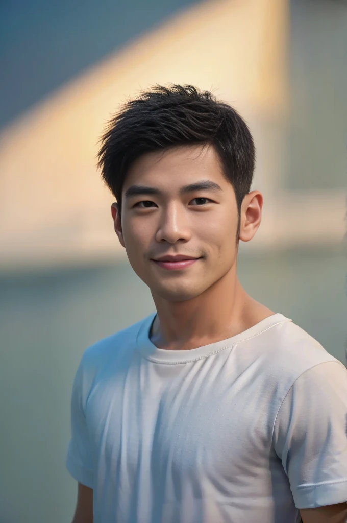 ((Highest quality, 8K, Masterpiece: 1.3))、Thailand Laos Burma Asia, Thai man, A handsome Asian rugby player with short hair, a muscular beard, and big muscles., 1A man who has、 yo、Good appearance、Beautiful nose、smile、 Detailed eyes and face、beautiful light、(studio)、high resolution、(Look at the viewer.)、Fine mouth、smile、whole body: 1.5, perfect shape: 1.3, Picture of both shoulders:1.3, Navy blue round neck t-shirt:1.5