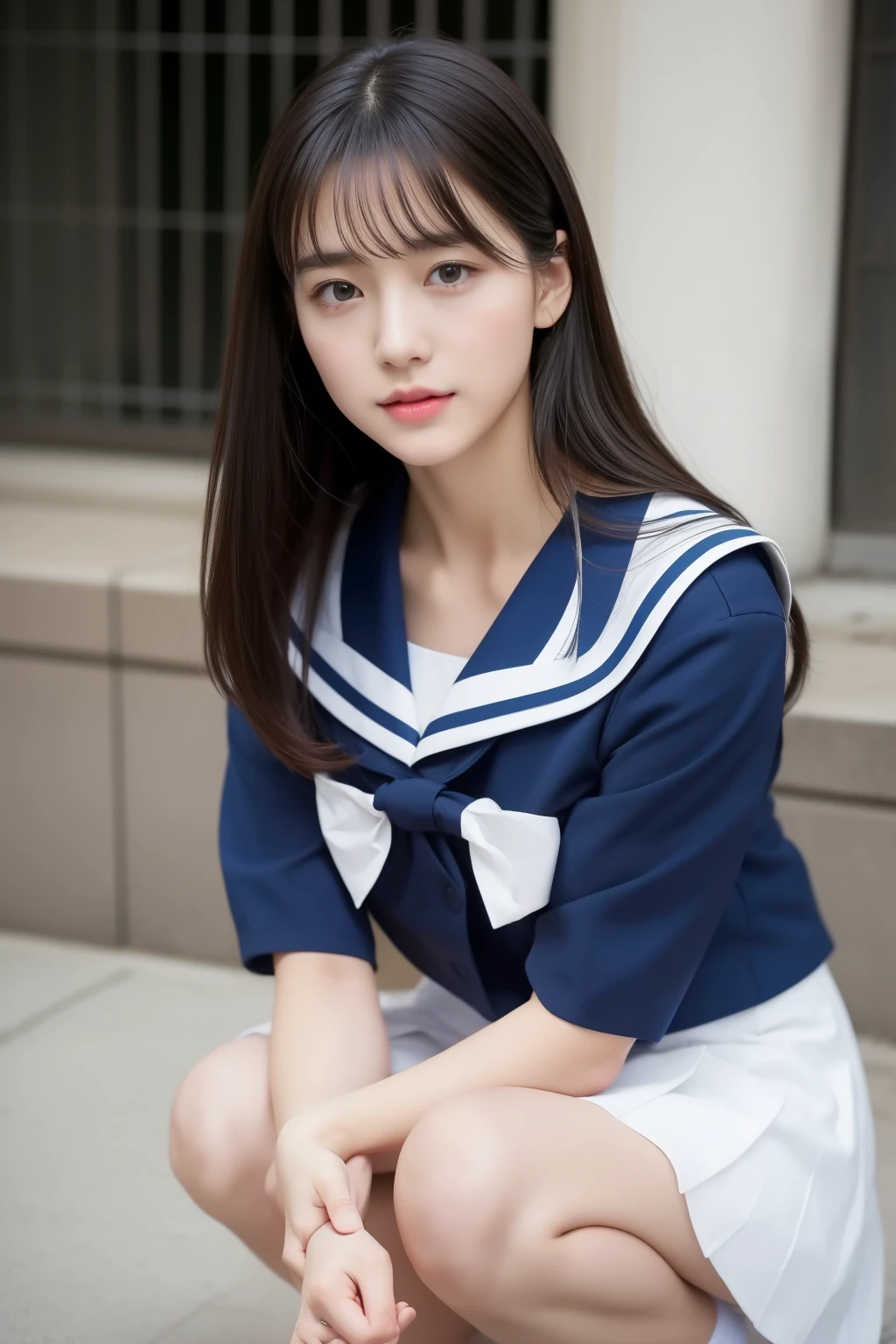 surrealistic、top-quality、 超A high resolution、Nikon Z 85mm、({(Raw foto:1.2)})natural soft light、profetional lighting、
realisitic、Super live-action、Photorealsitic、The crotch is visible、{front-facing view、Angle from below}
({{Hands are out of the angle of view}})(I can't see my fingers)portlate、Cute high school girl、School Uniforms mini Skirt、Cute sailor suit、Sailor suit skirt、Dark blue skirt、
both legs are bent、Toes are on the ground、The legs are spread in an M shape,、I can see my panties.、Delicate thighs visible from the front、
Japan uniform、White panties visible from uniform miniskirt、(panchira)School Uniforms mini Skirt、Perfect raw legs、delicate legs、
perfectly proportions、A sexy、Chest visible、
Squatting deep in the city、Show me your pants around town、
ulzzang -6500-v1.1, Well-formed face、perfectly proportions、Well-formed fingertips、
Cute high school girl、 Beautiful face in every detail、Realistic human skin、Provocative facial expressions、Semi-long、smooth hair、white-skinned、light skinned、 (hyperdetailed face、(very detailed lips、{round and detailed eyes}double eyelid、Moist eyes、{Very delicate eyebrows})) (Strong-minded、(childish、pure、Attractive woman、charmed、glamor、Victory、Cheeky、glad、kawaii、Good aroma、))、large full breasts、pantiy、panchira、I can see the pants